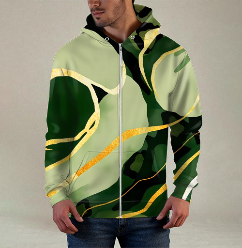 Фотография футболки Золотые изгибы на зеленом анималистичном фоне / Golden curves on green animal background