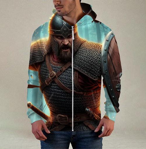 Фотография футболки Viking / Викинг - Яростный викинг с пылающим мечом и щитом воин северная битва