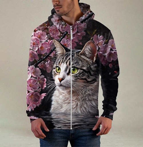 Фотография футболки Cat in sakura – Полосатый кот среди розовых лепестков Кот сакура вишня
