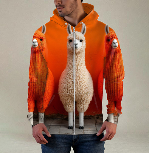 Фотография футболки Llamas in orange sweaters / Ламы в ярких свитерах у оранжевой стены