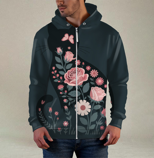 Фотография футболки Изящный грациозный силуэт черного кота в розах Floral cat rose