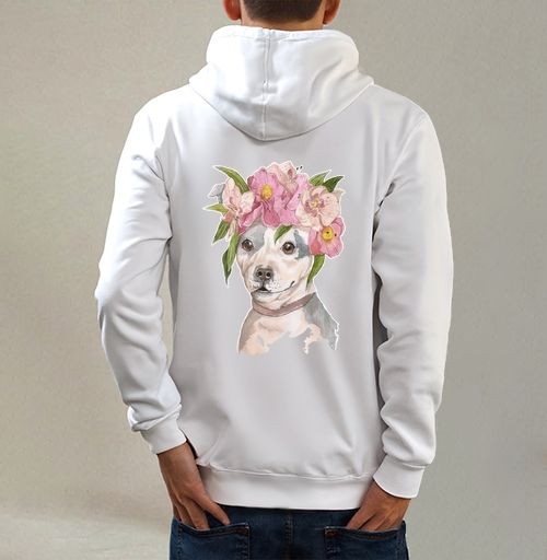 Фотография футболки Собака в венке из нежных цветов акварель
