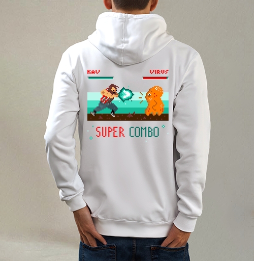 Фотография футболки Энергичная битва в пиксель-арт стиле с SUPER COMBO