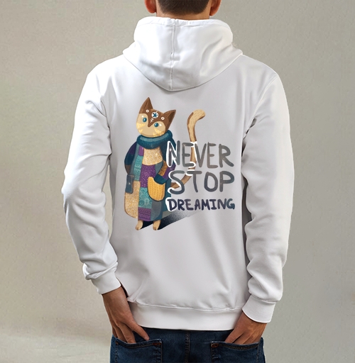 Фотография футболки Яркая вдохновляющая стилизованная кошка NEVER STOP DREAMING