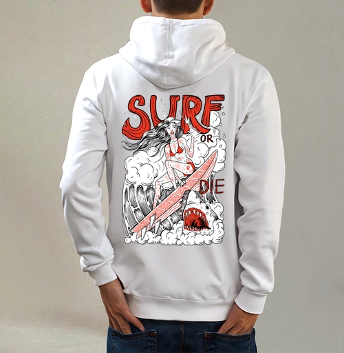 Фотография футболки Девушка Серфер На Волне С Акулами Surf Or Die