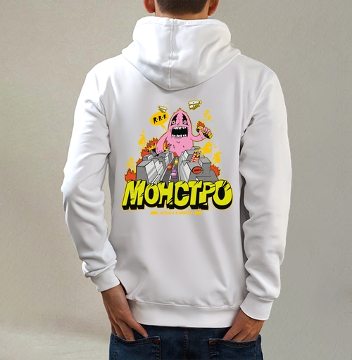 Фотография футболки Энергичный Pink Monster / Розовый монстр рушит серый город и мегаполис в огне