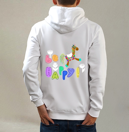 Фотография футболки Яркая игрушка-конь с позитивной надписью Be Happy