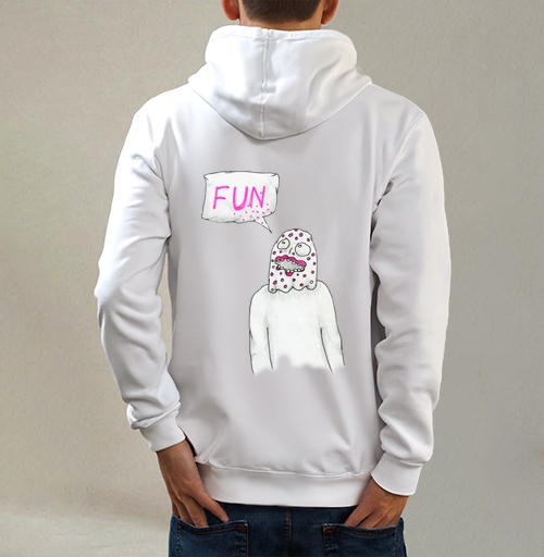 Фотография футболки Ироничный герой с розовыми пятнами и надписью FUN