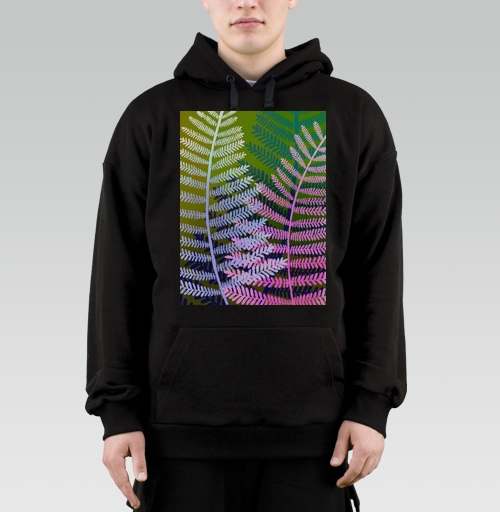 Фотография футболки Листья папоротника с зелёным жёлтым и розовым оттенками