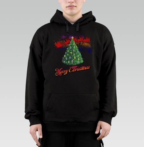Фотография футболки Яркая новогодняя елка с оленями и Merry Christmas надписью