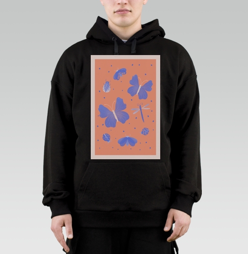 Фотография футболки Насекомые на оранжевом фоне яркие бабочки стрекоза