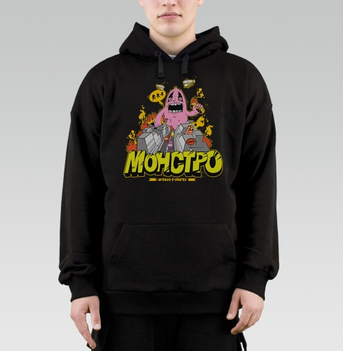 Фотография футболки Энергичный Pink Monster / Розовый монстр рушит серый город и мегаполис в огне