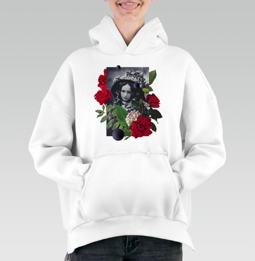 Женская Hoodie Mjhigh с рисунком Аленький цветочек 167846, размер 40 (XS) &mdash; 54 (4XL), цвет белый, материал - Футер 3-х нитка, с начесом 80% хлопок 20% полиэстер - купить в интернет-магазине Мэриджейн в Москве и СПБ