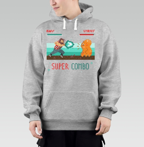Фотография футболки Энергичная битва в пиксель-арт стиле с SUPER COMBO