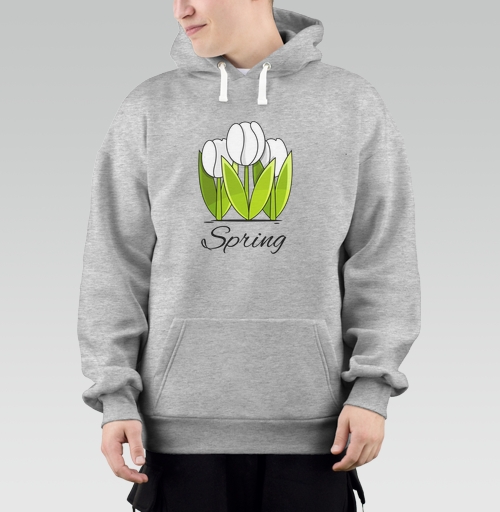 Фотография футболки Белые тюльпаны и зелёные листья весна надпись Spring