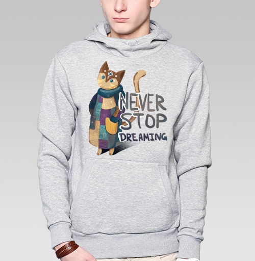 Фотография футболки Яркая вдохновляющая стилизованная кошка NEVER STOP DREAMING